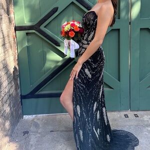 Primavera Couture Black and Silver Strapless Gown